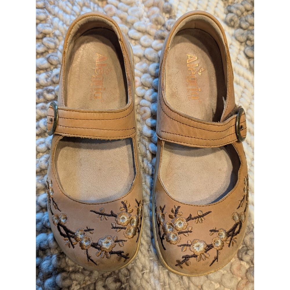 Alegria Kourtney Tan Leather Floral Embroidered Mary Jane Clogs Size 37 6.5 - Picture 2 of 9